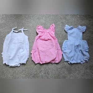 Set of Three Petit Ami 18mo Rompers in White, Pink, and Blue Seersucker